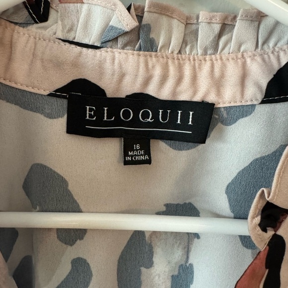ELOQUII NWT Tan Animal Printed Button Down Shirt with Ruffle Neck Plus Size 16 - Picture 9 of 13